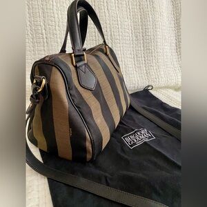 Fendi Pequin Bauletto Boston Speedy Crossbody Bag Black Brown Jacquard  Leather